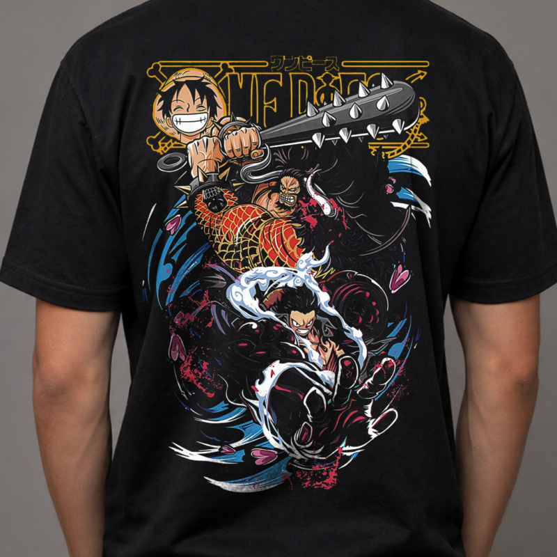 Camiseta negra estampada Luffy vs Kaido